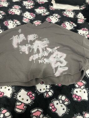 H&M Gray Cropped Crewneck Sweater with Pink Spray Graphic